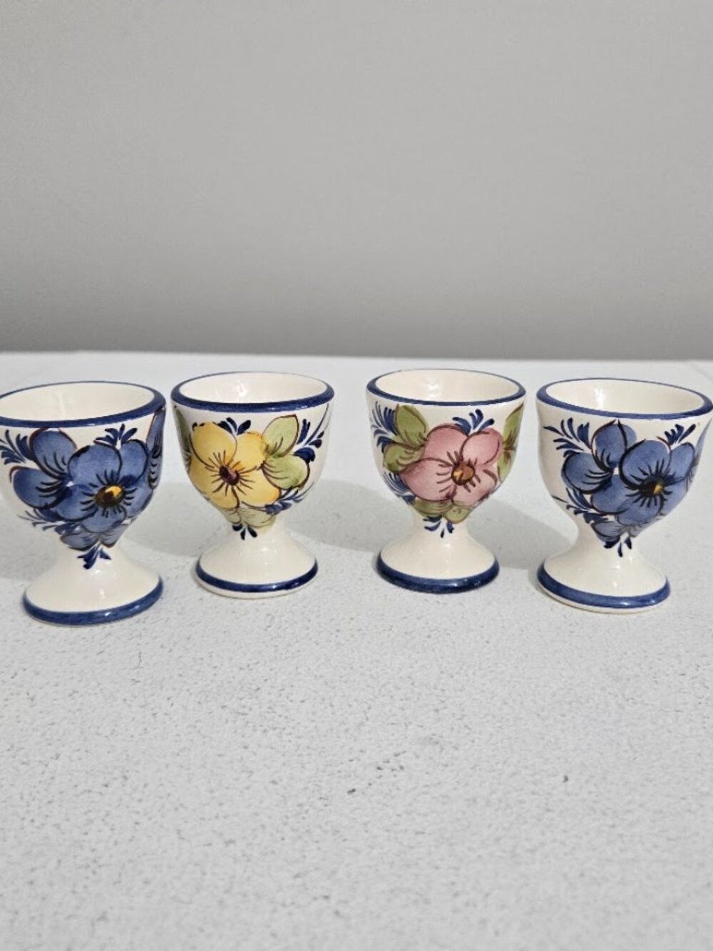 Set of 4 Porcelain Floral Egg Cups Hand Painted Kitchenware Portuguese Colorful